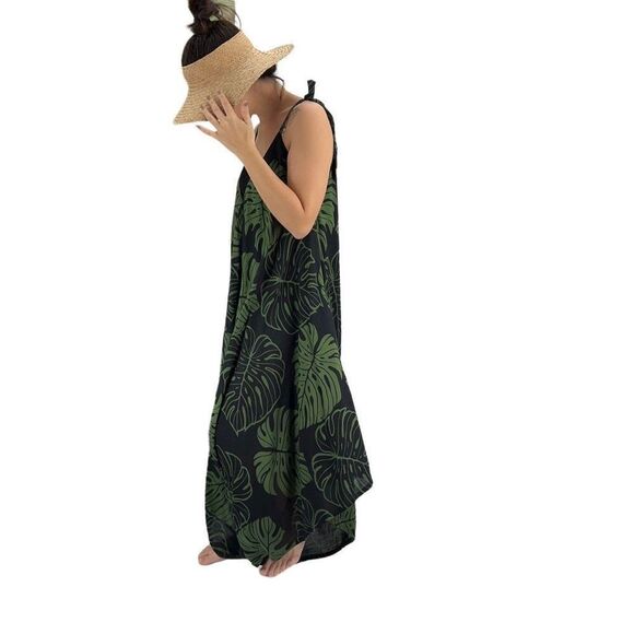 Pōʻalima Black Green Monstera Tropical Boho Wide Leg Beach Romper - Picture 11 of 15
